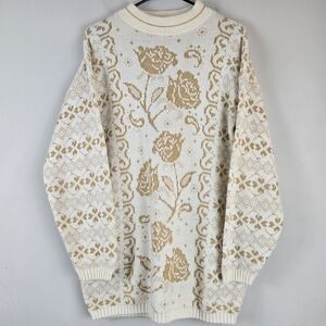 Vtg 90s Dana Scott Gold Floral Roses Adele Knit‎ Grandma Sweater Women's S/M.B89